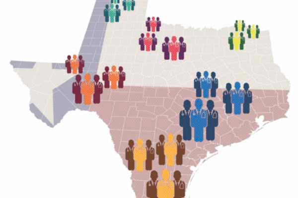 Texas regional map with colored icons visualizing demographic data distribution by area.